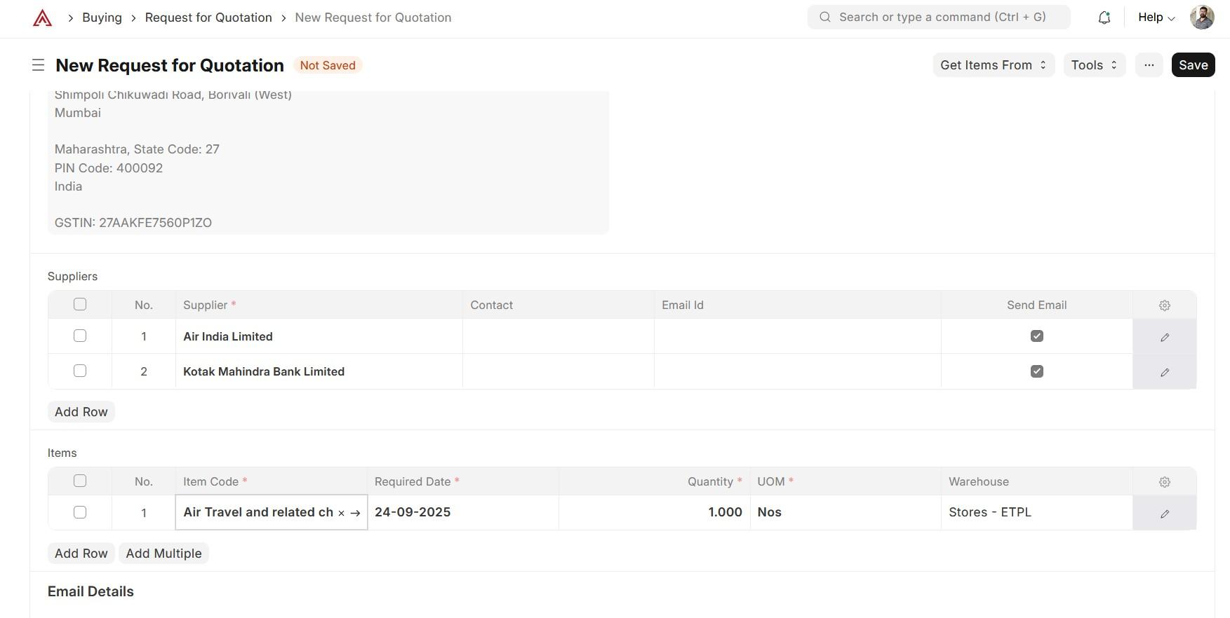 ERPNext RFQ Example